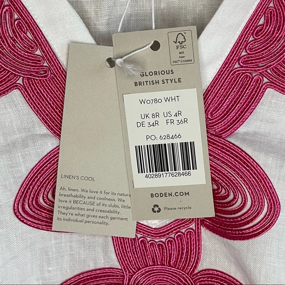Boden Bella Embroidered Linen Dress Size US 4 Regular in White/Pink - Picture 4 of 9